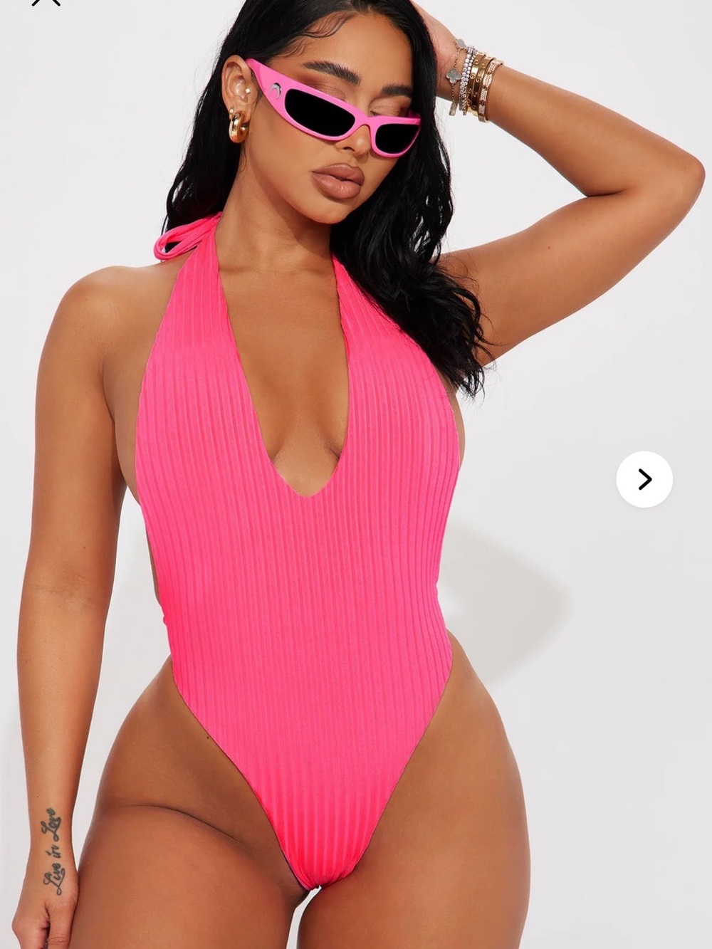 Fashion Nova Hot Pink Ribbed Halter One-Piece Swimsuit